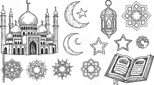 Islamic Elements Collection: Mosque, Moon, Stars, Lanterns, Patterns