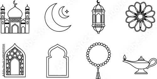 Islamic Line Art: Mosque, Moon, Archway, Prayer Beads, Magic Lamp