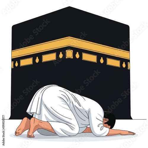 Devout pilgrim in white ihram bowing in reverence beside the Kaaba at Mecca during a sacred ritual.