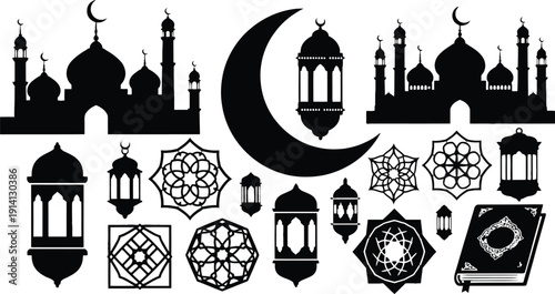 Islamic Silhouette Set: Mosques, Moon, Lanterns, Holy Book, Geometric Patterns