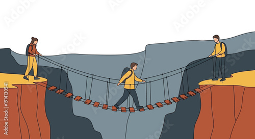 Man Crossing Suspension Bridge Between Cliffs.