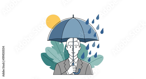 Man Holding Umbrella in Rainy Weather.