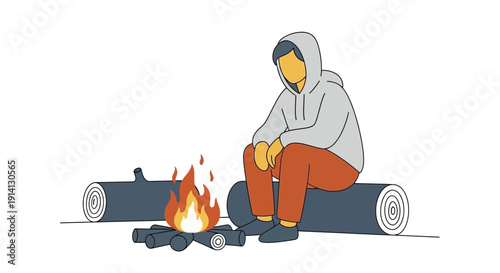 Man Sitting by Campfire on Sleeping Bag.