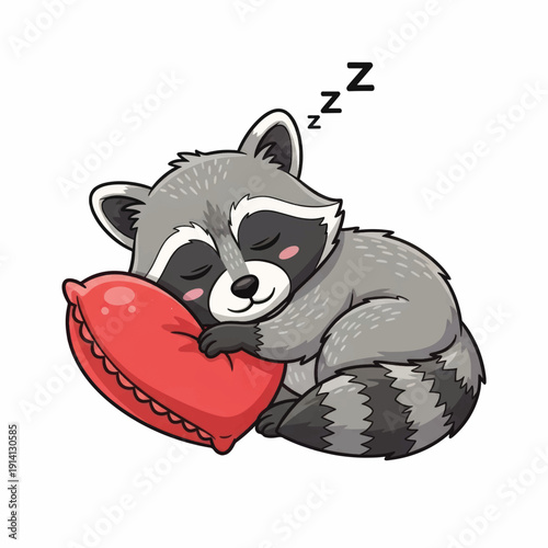 Adorable sleeping raccoon cuddling a red heart pillow in a cute cartoon illustration.