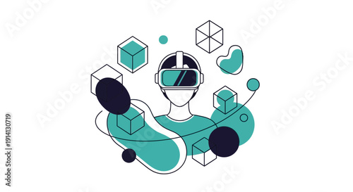 Person Wearing Virtual Reality Headset with Abstract Shapes.