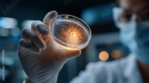 Science Under the Lens: A focused scientist, garbed in a lab coat and gloves, meticulously examines a petri dish brimming with meticulously cultivated specimens.