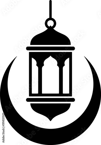 Traditional hanging islamic lantern silhouette beautifully integrated with a crescent moon symbol representing religious celebration and spiritual observance