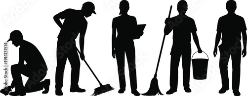 Cleaning staff silhouettes set, janitors with mop broom and bucket, professional maintenance workers isolated on white background