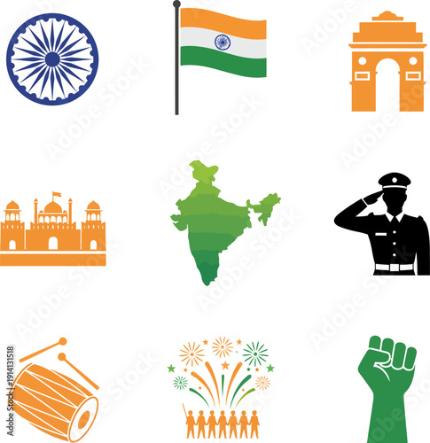 Collection of iconic symbols representing India including the national flag map monuments and celebratory elements for patriotic events