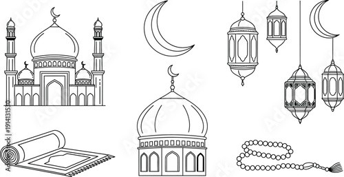 Islamic Line Icons: Mosque, Moon, Lanterns, Prayer Mat, Prayer Beads
