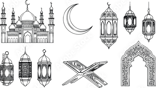 Islamic Line Art Collection: Mosque, Moon, Lanterns, Holy Book, Archway