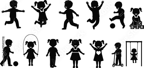 Children Silhouette Collection, Happy Kids Playing, Jumping, Skipping Rope and Swinging, Black Vector Illustration Isolated on White Background