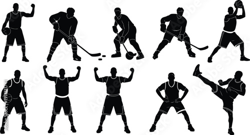 Athlete Silhouette Collection, Basketball, Hockey and Martial Arts Action Poses, Black Vector Sports Illustration Isolated on White Background