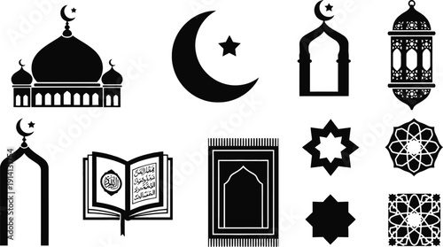 Islamic Black Icons: Mosque, Moon, Arch, Lantern, Holy Book, Prayer Mat