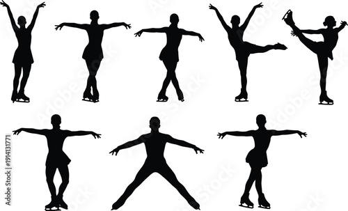Figure Skating Silhouette Set, Ice Skaters Performing Jumps, Spins and Elegant Poses, Black Vector Illustration Isolated on White Background