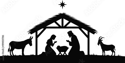 Nativity silhouettes illustration with stable, star of Bethlehem, Mary, Joseph, baby Jesus, donkey, goat, Christmas religious artwork design