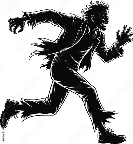 Running zombie silhouette in tattered clothes, aggressive undead monster sprinting on white background, horror character vector illustration for Halloween graphic design.