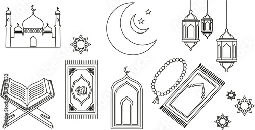 Islamic Line Drawing Set: Mosque, Moon, Prayer Mats, Lanterns, Arch, Beads