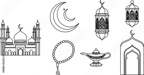Islamic Line Art Elements: Mosque, Moon, Lantern, Magic Lamp, Archway