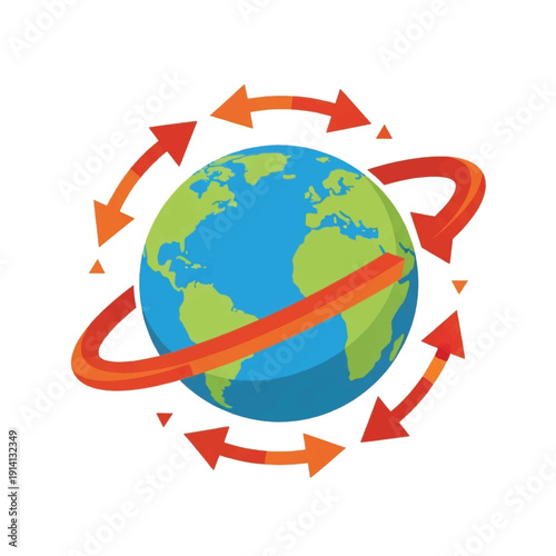 Global Globe with Red Arrows Encircling the Earth Representing Travel and Global Connectivity.