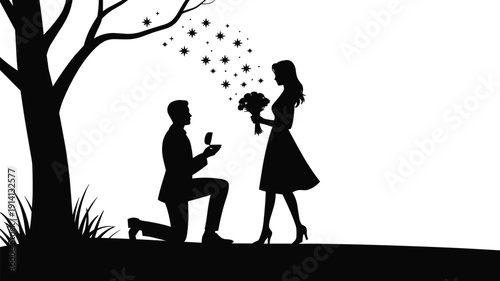 Romantic silhouettes illustration with marriage proposal, kneeling man, bouquet woman, tree background, sparkles celebration, black and white artwork design