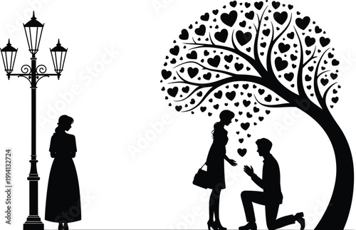 Romantic silhouettes illustration with proposal scene, heart tree, streetlamp observer, love concept, emotional artwork, black and white design theme