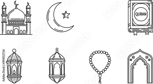 Islamic Line Art Icons: Mosque, Moon, Holy Book, Arch, Lantern, Flower
