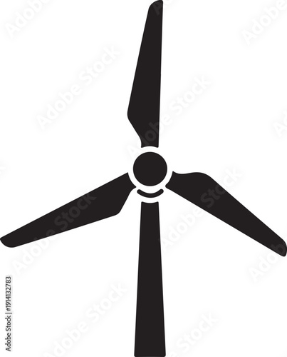 A stylized depiction of a modern wind turbine with three blades and central hub