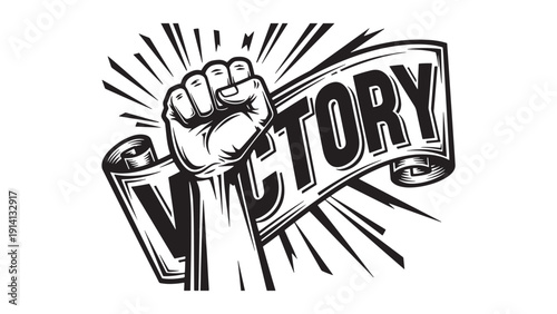 Bold Victory Fist And Banner Graphic Representing Success, Market Wins, Brand Triumphs, Campaign Momentum And Celebratory Business Messaging Illustration