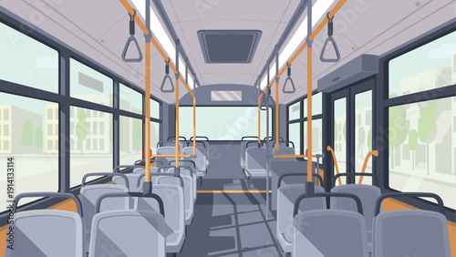 Modern urban bus interior with empty seats and handrails in daylight