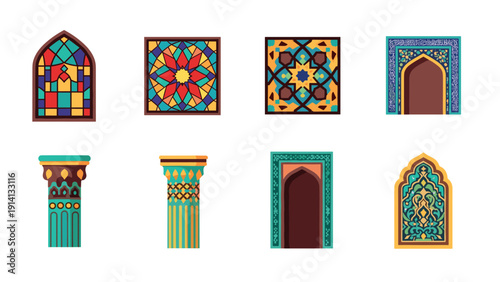 Colorful geometric patterns and architectural elements inspired by middle eastern art
