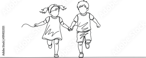 Children running line art vector illustration, playful activity artwork, companionship design, childhood joy graphic, minimalist outline vector, dynamic posture scene