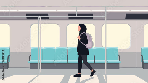 Minimalist flat design of a woman walking in a train carriage
