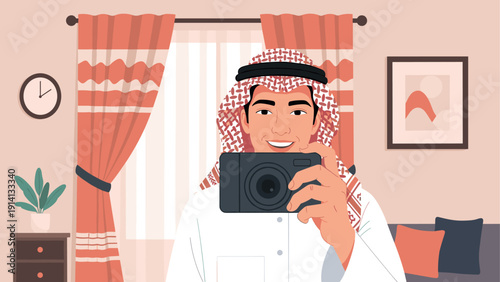 Smiling man in traditional attire taking a selfie in a cozy room setting