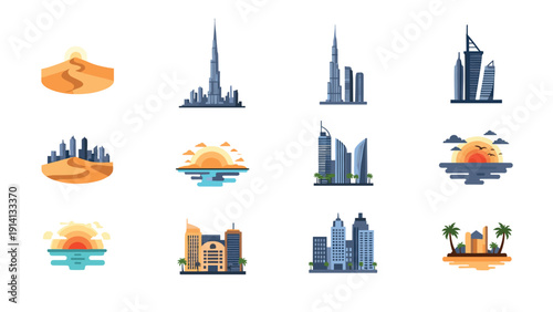 Cityscapes and sunsets: modern urban skylines and desert scenes in flat style