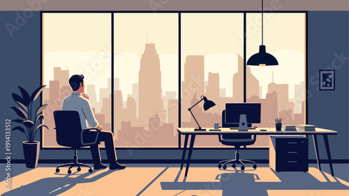 Modern office with city view: businessperson in contemporary workspace with skyline