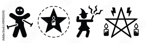 Witchcraft and magic icons with voodoo doll pentagram and wizard symbols
