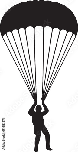 Silhouette of a Skydiver Parachuting on White Background