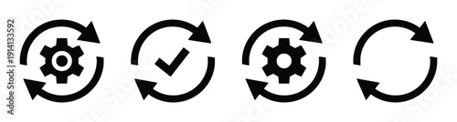 Workflow and process icons set with gear and checkmark symbols representing business operations and system cycles