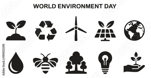 World environment day icons set with plant recycle symbol wind turbine solar panel earth water drop bee tree light bulb hand