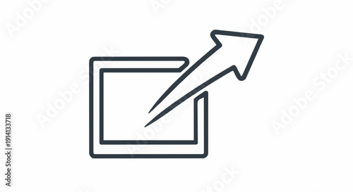 Minimalist graphic icon featuring an arrow pointing diagonally out from a square frame, symbolizing actions such as sharing, exporting data, or accessing external content