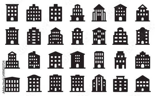 Classical architecture building icons displaying traditional european style facades for historical city maps
