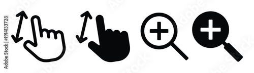 Zoom and gesture icons with hand pinch to zoom and magnifying glass for search