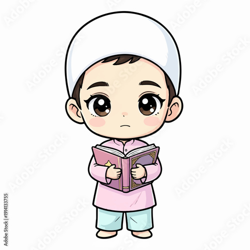 Cute little Muslim child reading a book with a thoughtful expression