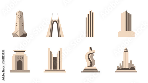 Minimalist urban landmark icons set featuring modern architectural structures