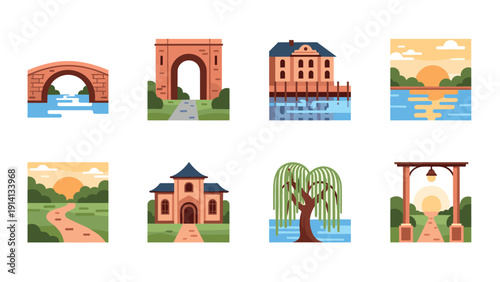 Charming landscape scenes featuring bridges, sunrise, and architectural landmarks