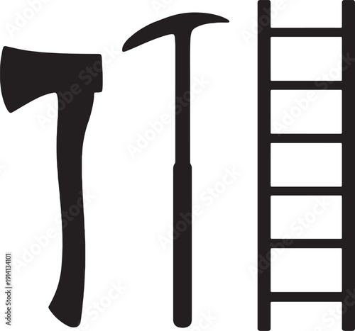 Silhouettes of axe, ice axe, and ladder on white background
