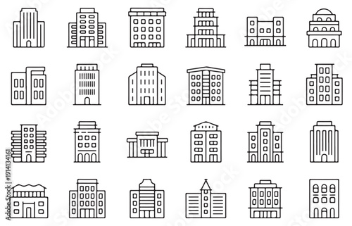 Modern city building icons set with various skyscraper shapes and office apartment architectural line art