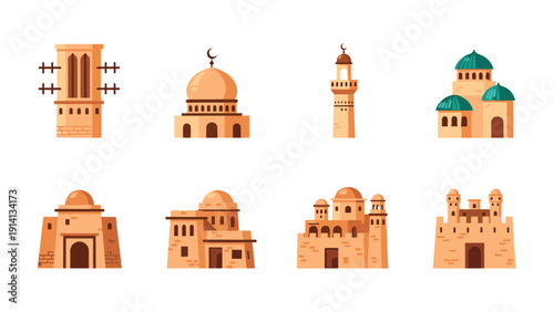Set of flat muslim architecture icons featuring mosques and minarets