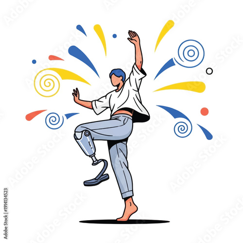 Energetic dancer in mid movement with colorful abstract celebration behind.